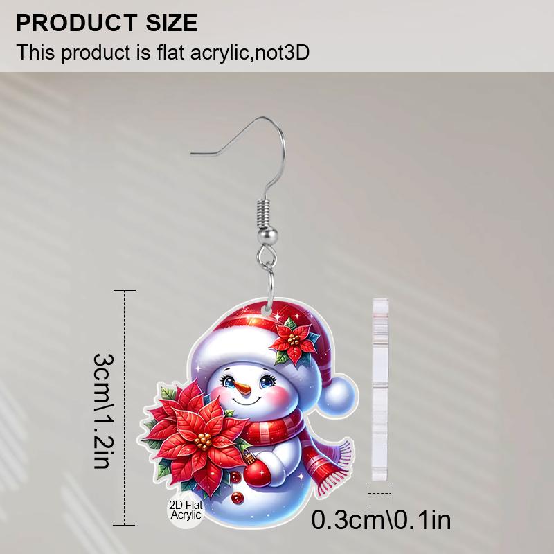 2D Flat Acrylic Christmas Red Flower Snowman Pendant Earrings Women's Christmas Jewelry Holiday Party Accessories