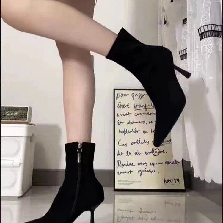 Socks boots pointed thin heels beige thin boots autumn and winter new high heels thin elastic short boots women