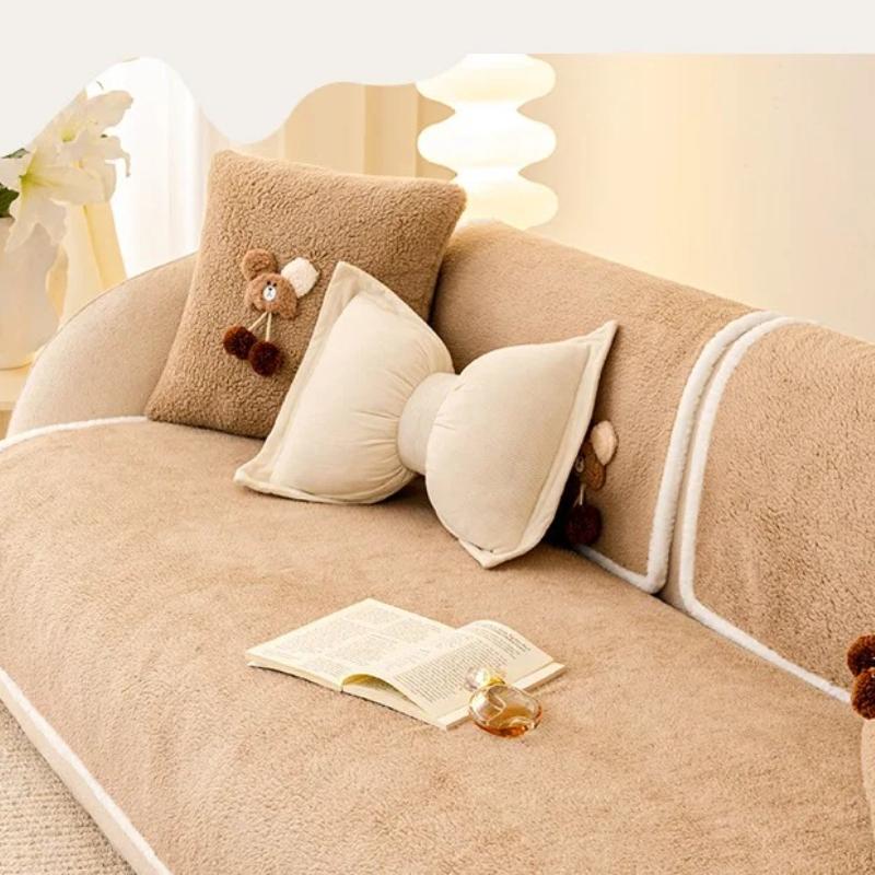 Lamb Wool Warm Sofa Cover Cloth Thickened Cartoon Teddy Bear Decoration Sofa Cushion Cover Anti Slip All Year Round Universal