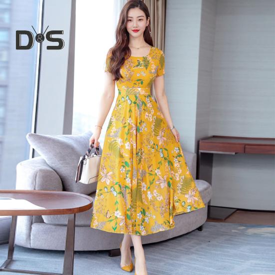 Dámské letní šaty s květinovým potiskem Plážové šaty do půli lýtek s upnutým pasem Krátký rukáv s kulatým výstřihem Šaty do A na prázdninové párty