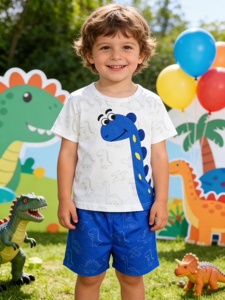 Fresh & Eye-Catching: Dinosaur Tee + Shorts – A Vibrant Outfit for Your Little Guy