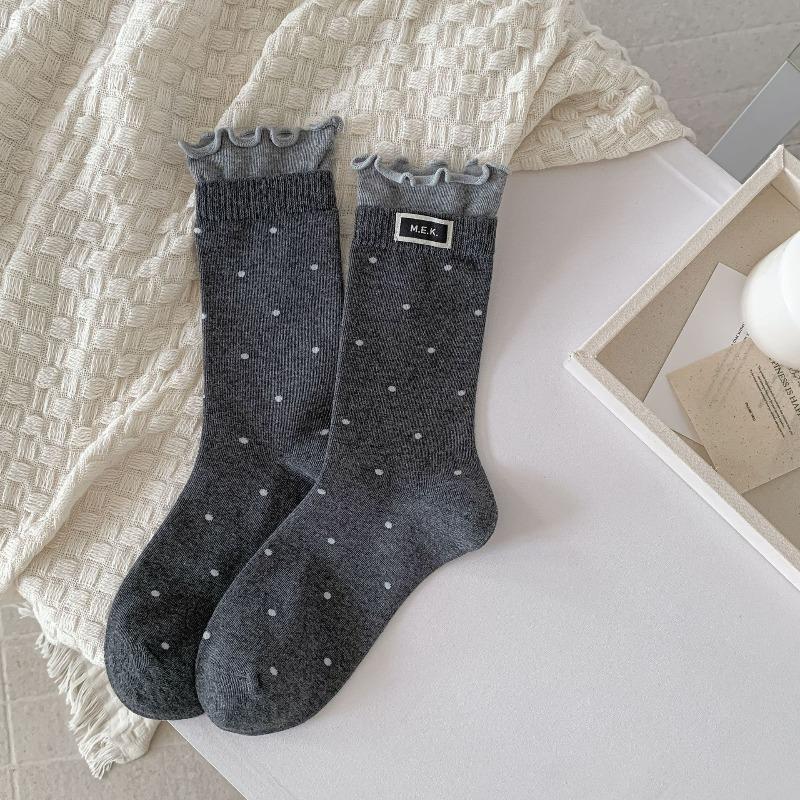Cotton Women's Autumn and Winter Color-matched Double-seam Fabric Label Black Fungus Edge Polka Dot Pile Socks Are Versatile and Simple