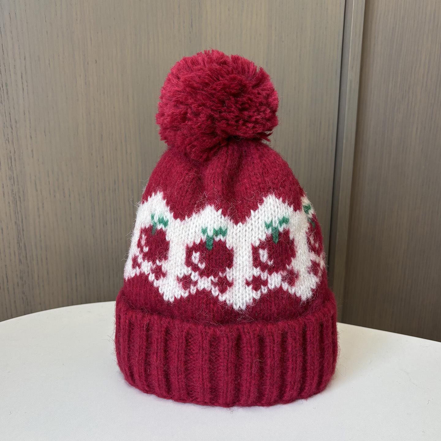 Fair Island Jacquard Apple Wool Hat Ladies Season Cute Hairball Knitted Hat Warm Ski Hat One size fits all
