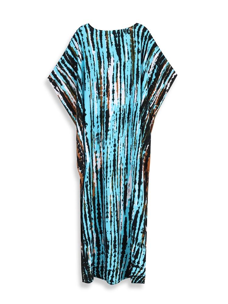 EDOLYNSA 2024 Plus Size Striped Tie-dye V-neck Short Sleeve Kaftan Sexy Swimsuit Coverup For Women Summer Beach Dress House Dresses Q1218