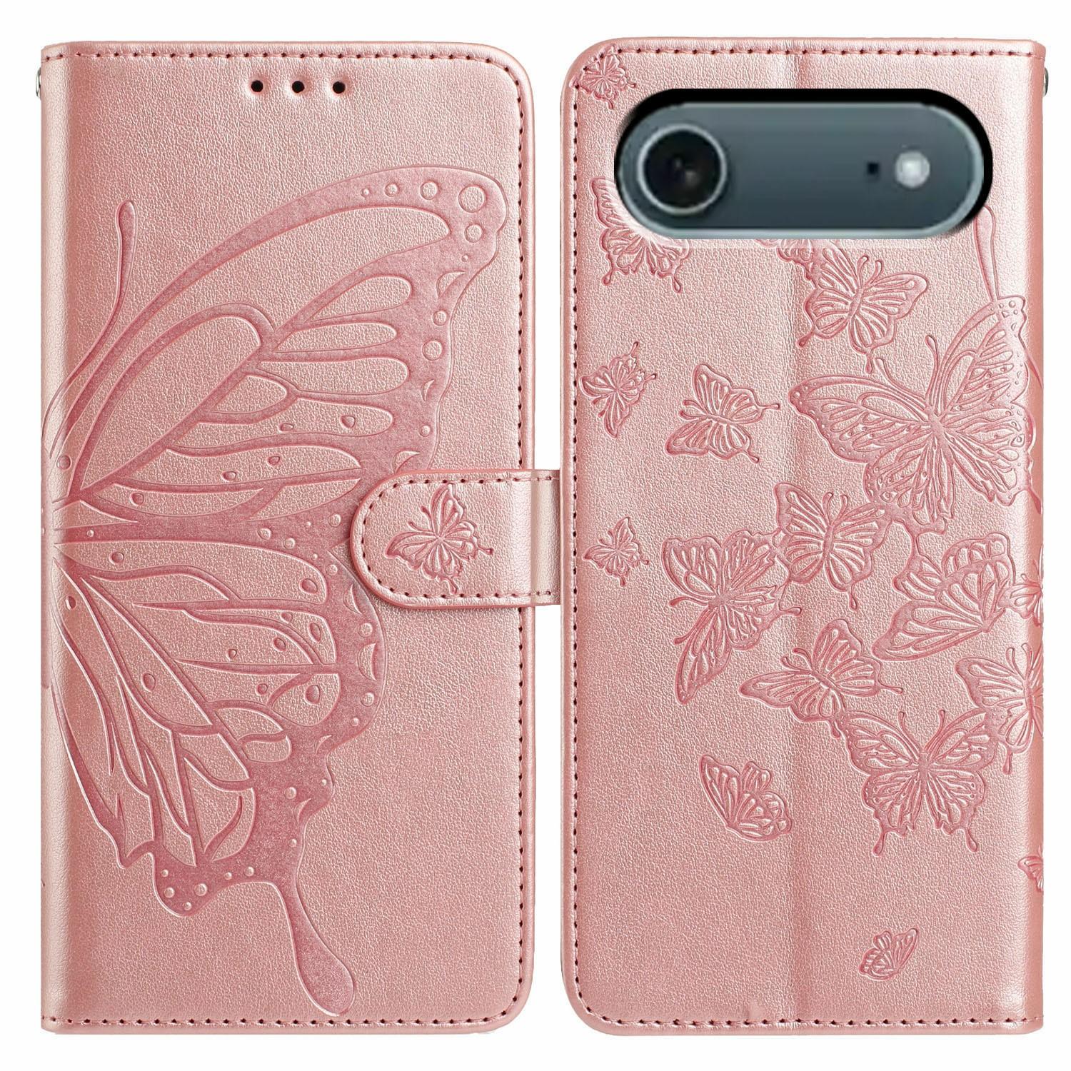 

For iPhone 17 Air Case Butterfly Imprinted Wallet Stand PU Leather Flip Phone Cover with Strap Rose Gold
