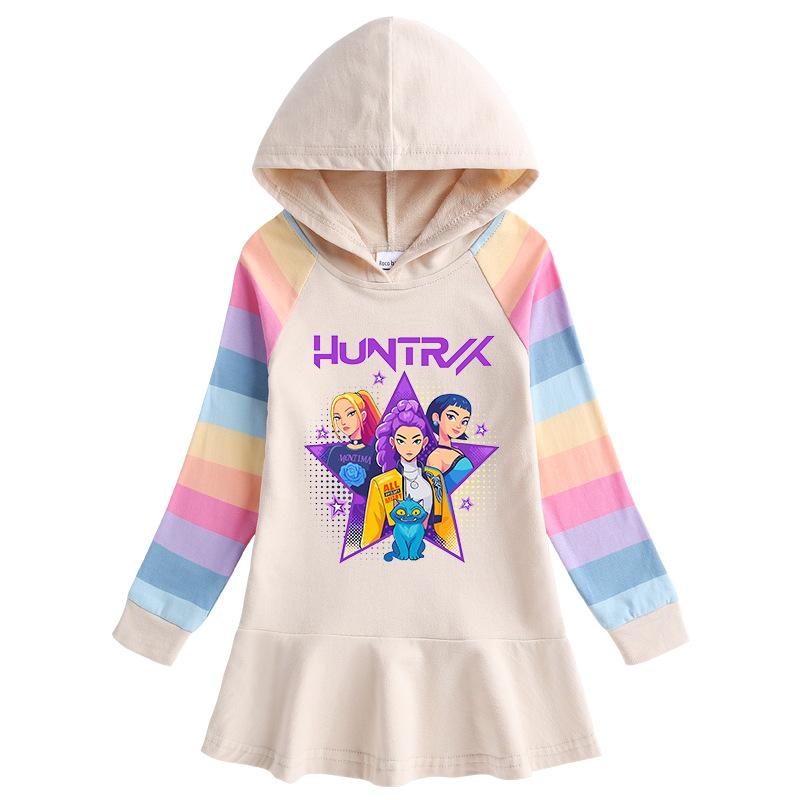 Frühling Herbst Kpop Hexenjagd Team Lotusblatt Rand Cartoon Regenbogen Mädchenkleid Baumwolle Langarm Hoodie Hundert Falten Prinzessinnenkleid