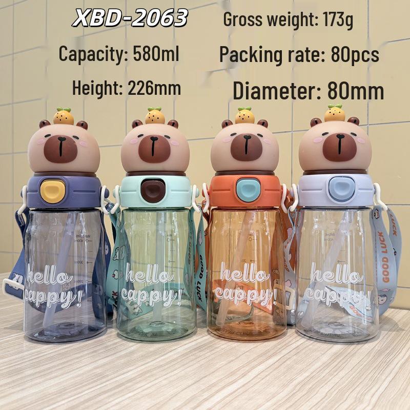 Cartoon Bear Straw Cup: Portable Flip-top Water Bottle with Lanyard
