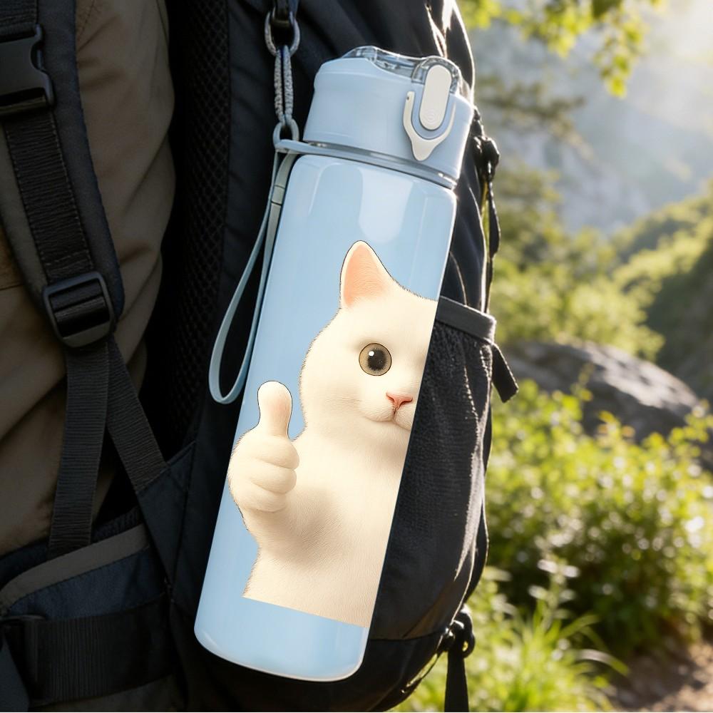 1PC Thumbs Up White Cat Bust Print 750ml Color Plastic Sports Water Bottle Leakproof Flip Straw Lid For Sports Office Home Use
