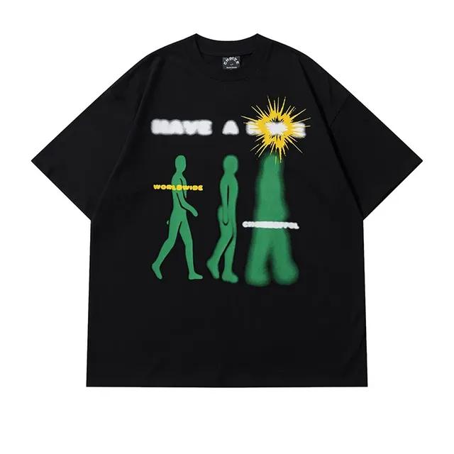 Men Cotton Oversized T-Shirt Summer Printed Harajuku Hip Hop Loose Tops Tees Round Neck Short Sleeve for Man
