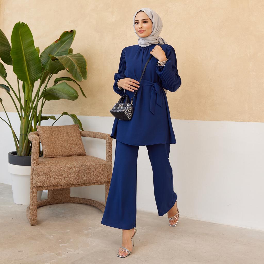 Set tunică pantaloni plisați mâneci femei