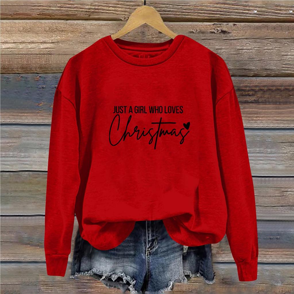 Women's Casual Loose Solid Color Christmas Letter Printed Round Neck Long Sleeved Sweatshirt