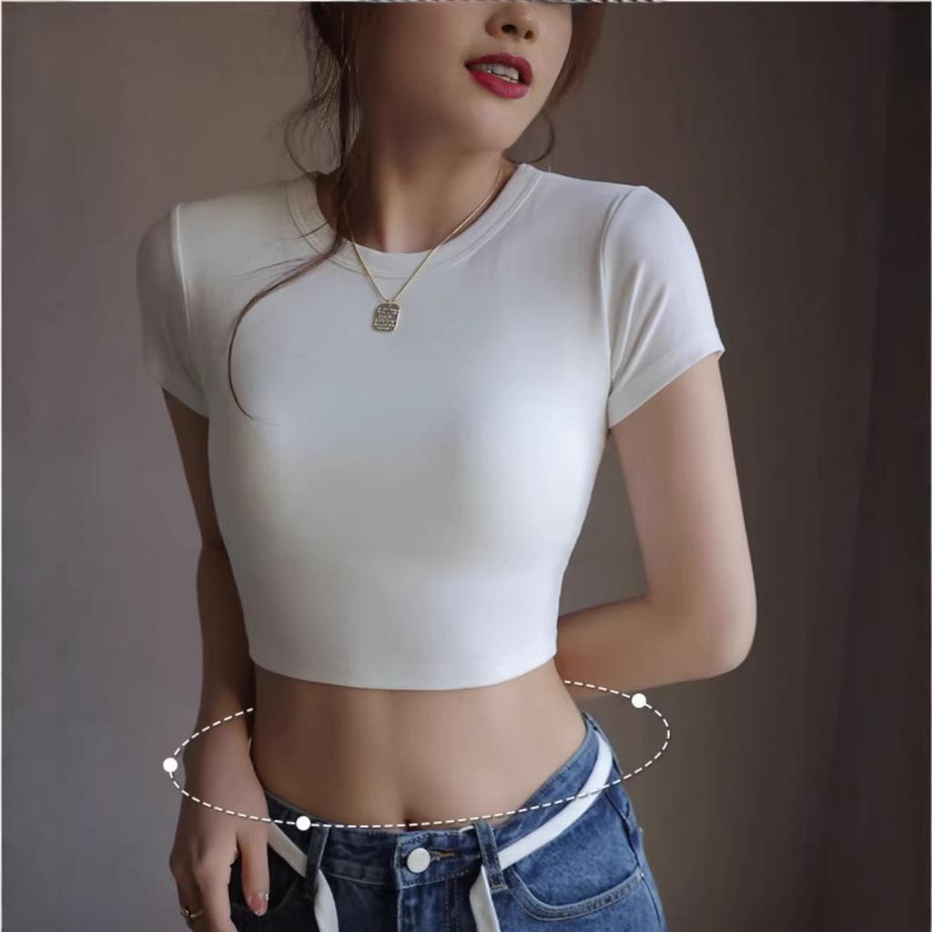 Black American front shoulder crew neck short short-sleeved T-shirt women's summer new slim-fitting navel-showing sweet Spice Girl top