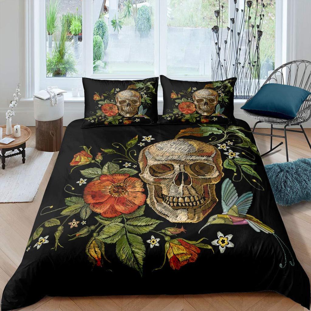 Black Damask Comforter Cover Set Exotic Sugar Skull Duvet Covers Gothic Vintage Floral Skeleton Bedding Set Bohemian Quilt Cover