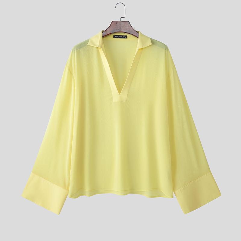 

INCERUN Мужские рубашки оверсайз с рукавом 3/4, прозрачные 5XL жёлтый