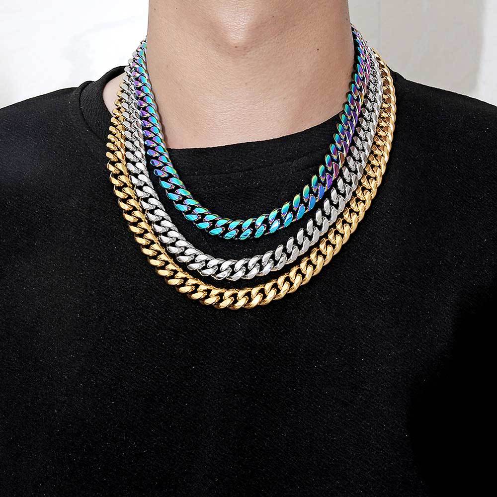 European Hip Hop Men's Necklace 12mm Ddiamante Buckle Stainless Steel Encryption Cuban Link Chain Real Gold Necklace