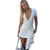 European and American style spring new women's clothing sexy deep V hip-wrapped short dress solid color casual short-sleeved dress