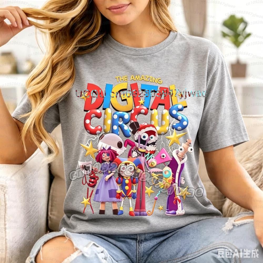 2026 women THE AMAZING DIGITAL CIRCUS Pomni Print Short Sleeve Cartoon Plus Size Cotton children Boy Girl Parent-child T-shirt