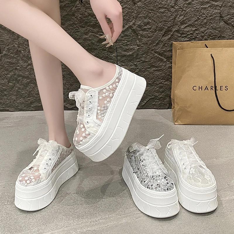 Fashion 8CM Women's Slippers 2025 New Bling Summer Women's Platform Slippers Lace Rhindiamonds High Toe Closed Slippers Women Mule Shoes