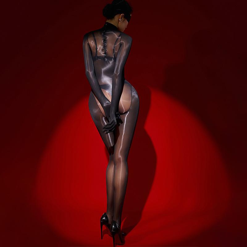 Damen Sexy Jumpsuit 8D Öl Glänzend Glänzend Strümpfe Verführung Nahtlos Elastisch Fünf-Finger Schwarze Seide Ganzkörperstrümpfe