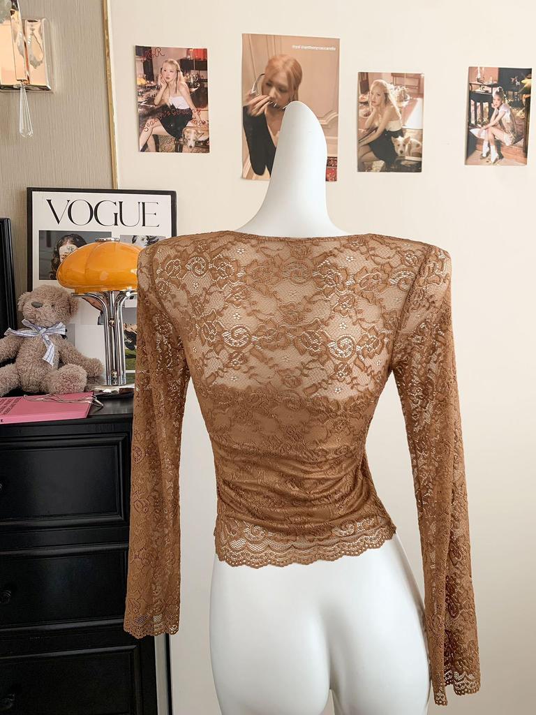 Lace Sexy V-neck Women's Long Sleeve T-shirt with Chest Pads