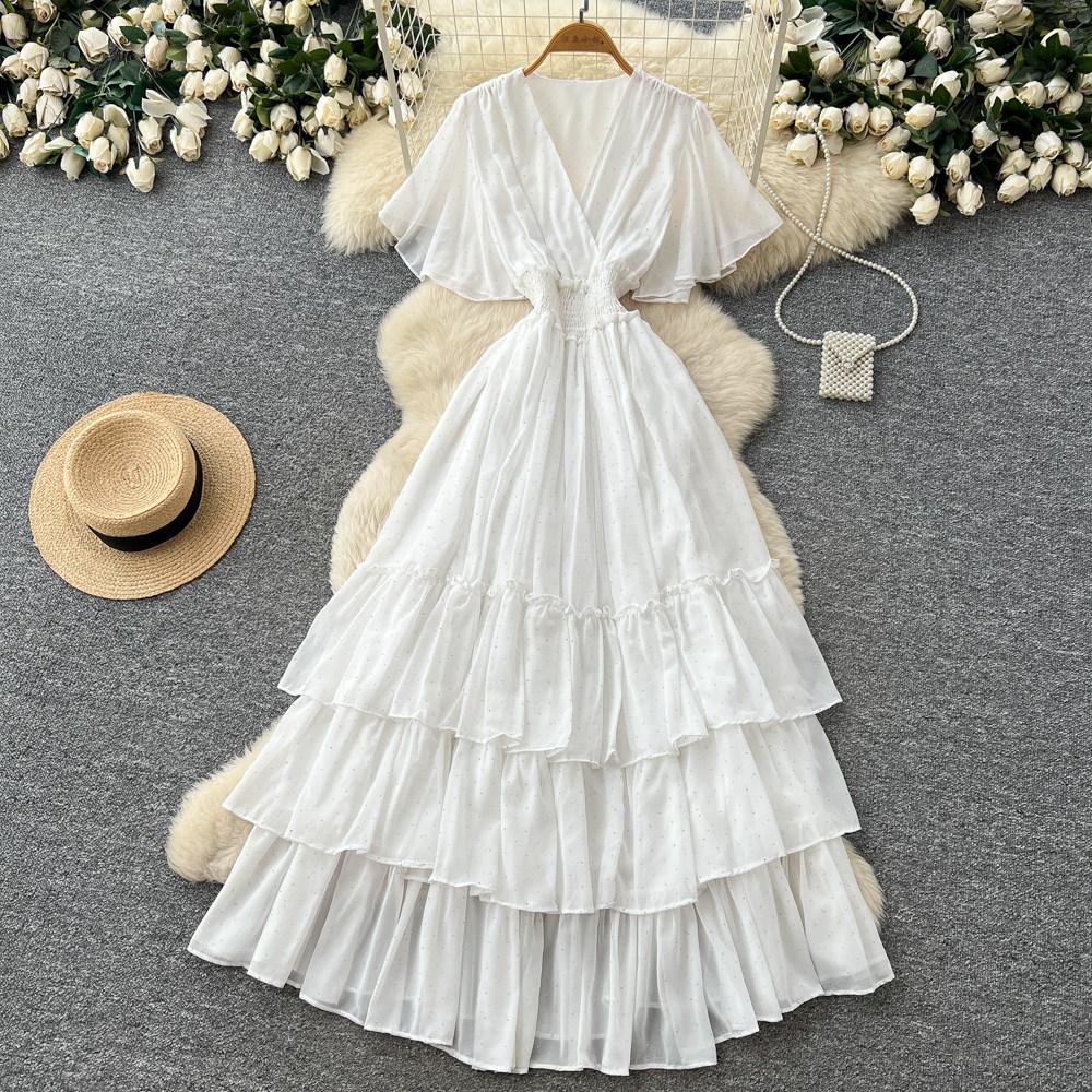 French V-neck red polka dot temperament dress women's summer waist and thin A-shaped cake dress dopamine style