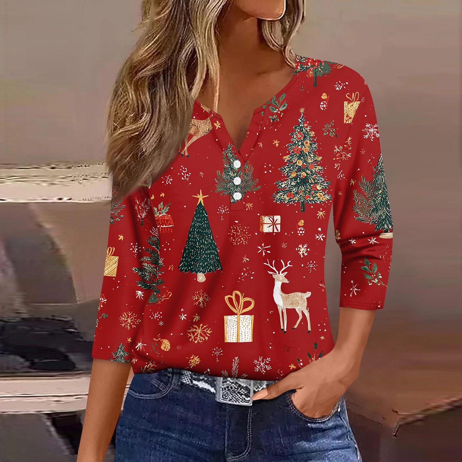 

Женская футболка с рождественским принтом, на пуговицах, рукав 3/4, повседневная, выходного дня, модная, базовая, с V-образным вырезом, стандартный топ L