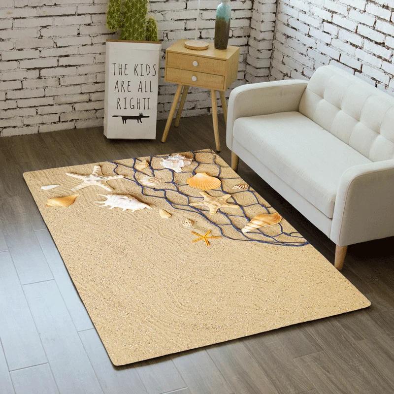 Coastal Theme Rectangular Rug Various Sea Shells Starfish Sandy Beach Pattern Soft Non Slip Carpet for Living Room Bedroom Decor