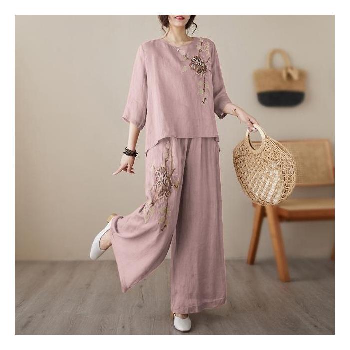 Retro Embroidered Summer Slim Fit Casual Chinese Style Short Sleeve Bottoms Set Women's Fashion Wear