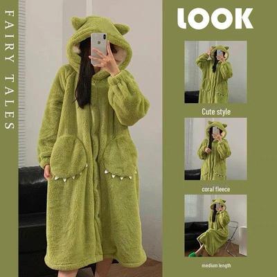 Cozy Hooded Velvet Nightgown with Big Eyes Design - Women's 2024 Winter Coral Fleece Loose-Fit Pajamas for Couples