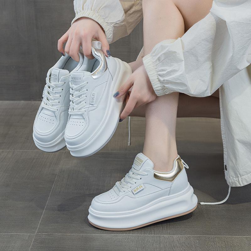 

2025 Genuine Leather Shoes Women Fashion Sneakers Flat White Shoes Sweet Ladies Height Increasing Shoes 6cm 40