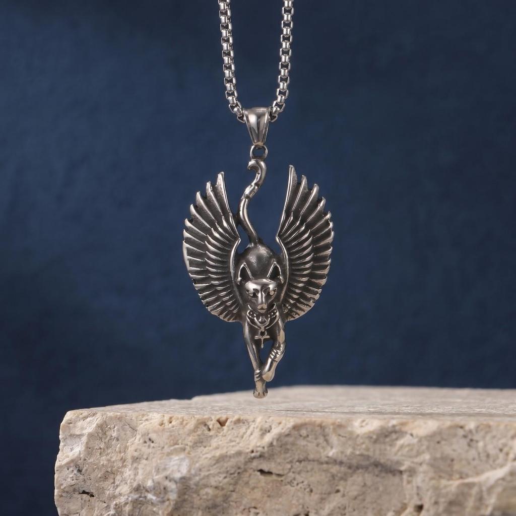 Ancient Egyptian Bastet Cat Double-Winged 3D Pendant On Stainless Steel Square Bead Chain