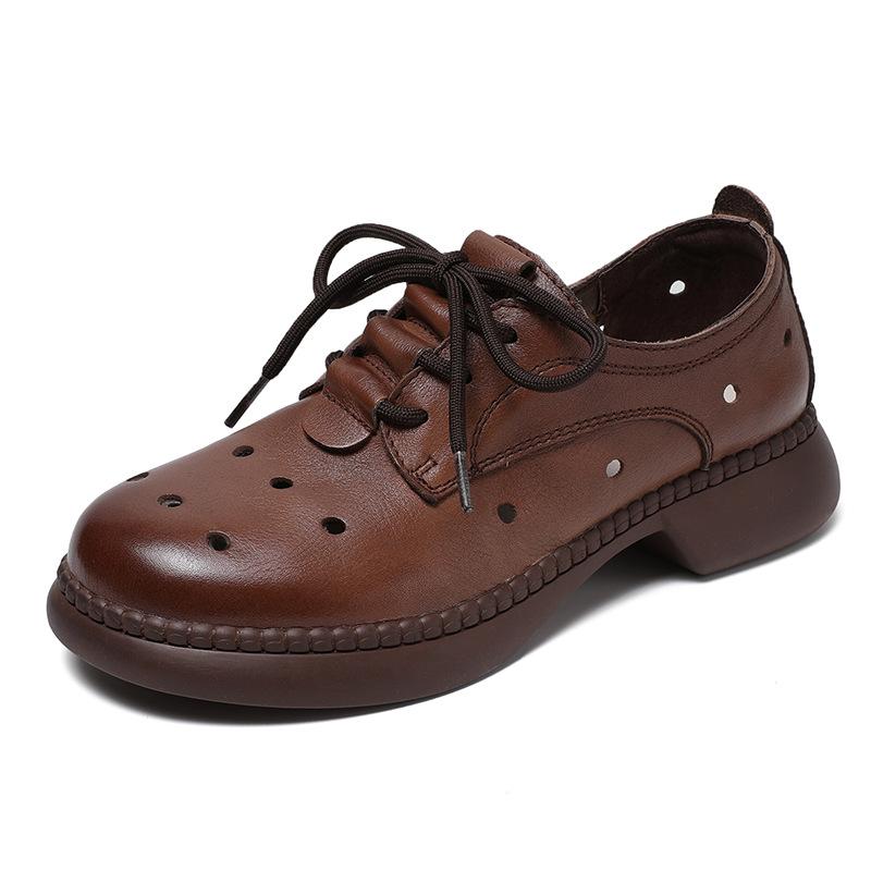 Spring 2025 New Retro Style Leather Single Shoes Handmade Soft-soled Shoes Low Heel Round Head Lace-up Flat Women's Shoes