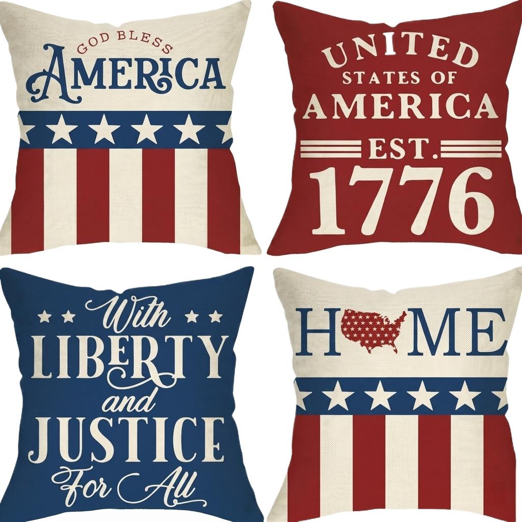 Set of 4 Decorative Throw Pillow Covers with Star and Stripe Print for Sofa Couch Bed Home Decor Holiday Theme 18x18 Inch Square Cushion Cases