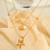 Vintage Stainless Steel Shell Starfish Pendant Necklace for Women Elegant Imitation Pearl Double Layered Clavicle Chain Jewelry