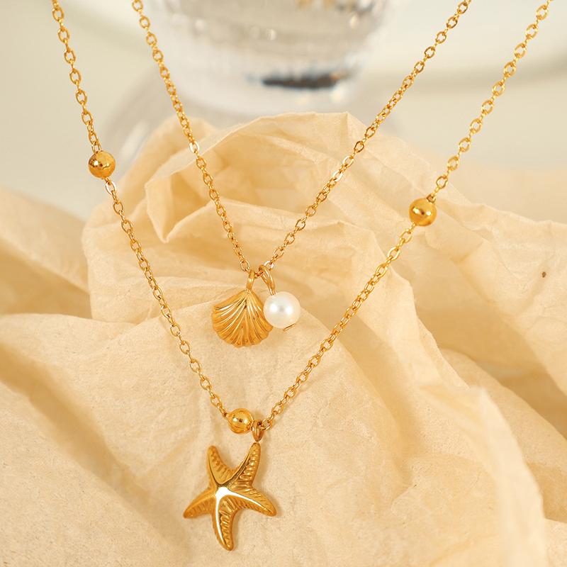 Vintage Stainless Steel Shell Starfish Pendant Necklace for Women Elegant Imitation Pearl Double Layered Clavicle Chain Jewelry