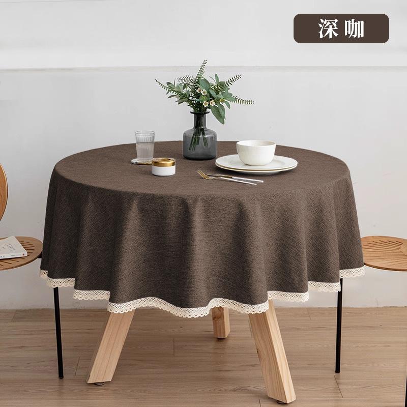 Round Solid Color Dining Table Cloth French Lace Cotton Linen Waterproof and Oil Proof Hotel Restaurant Tablecloth Decoration