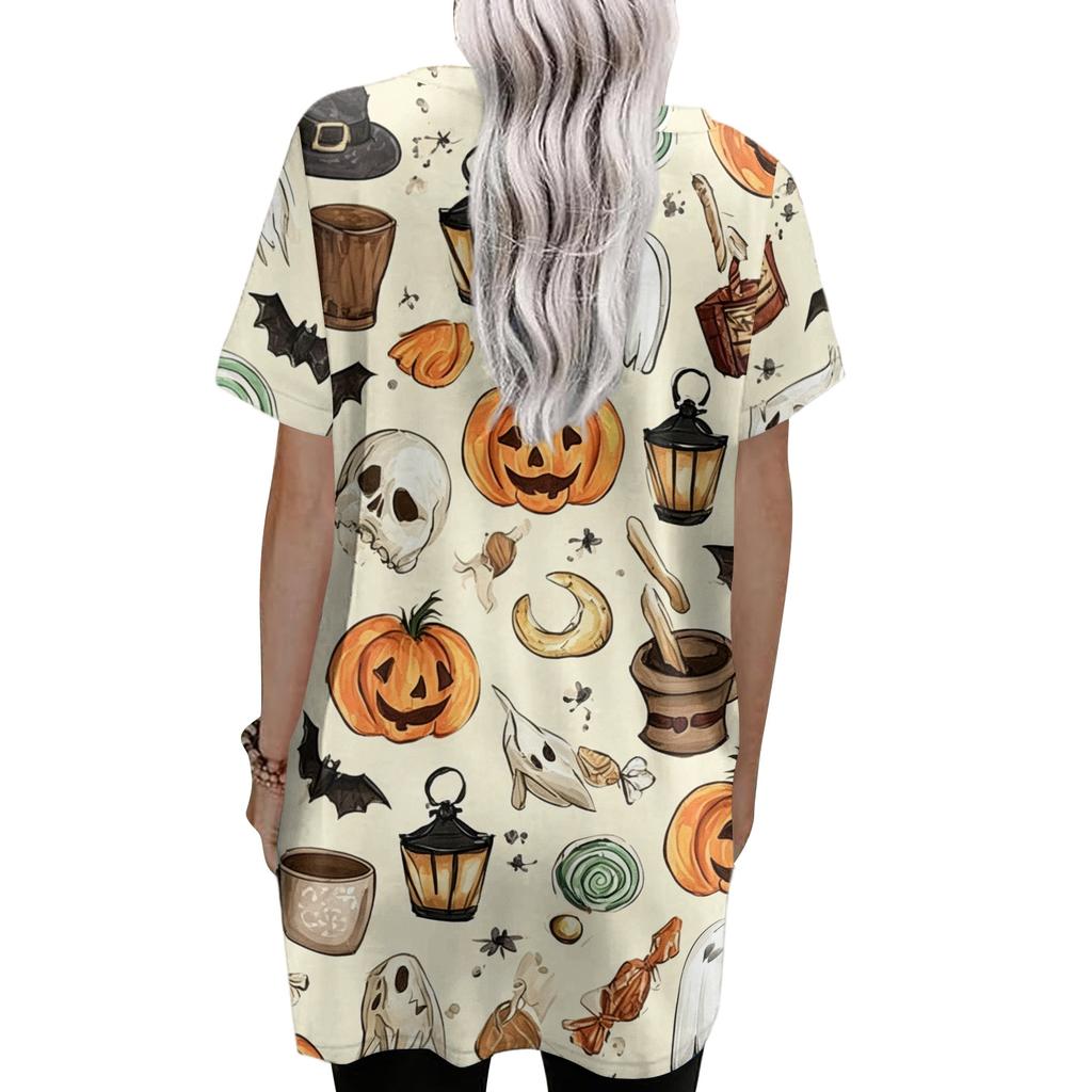 Women's Halloween V-Neck Short Sleeve T-Shirt with Pocket, Pullover Top, Printed Graphic Tee