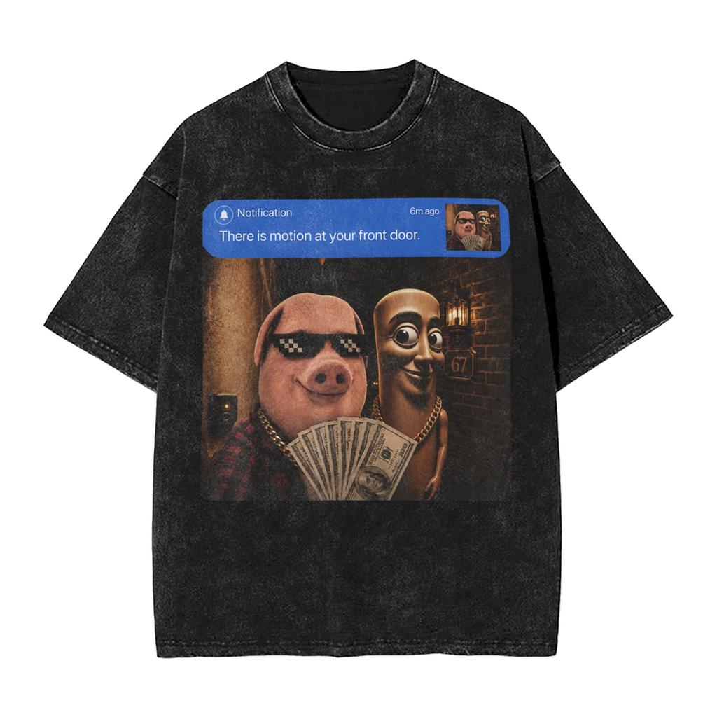 Vintage Washed Tshirt John Pork Holding Niche Ai Baby Funny Halloween Motion Meme Cotton Tshirts Trending Tshirt For Man