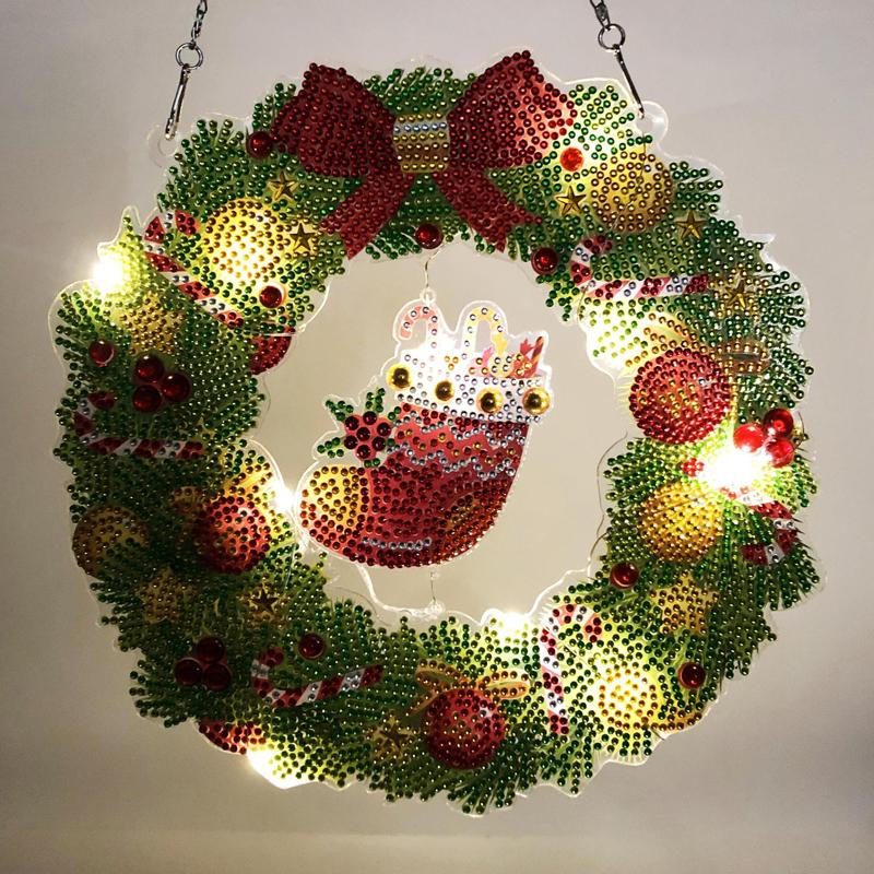 5D DIY Diamant Malerei Weihnachtskranz Set mit LED Licht Kit Hängende Dekor