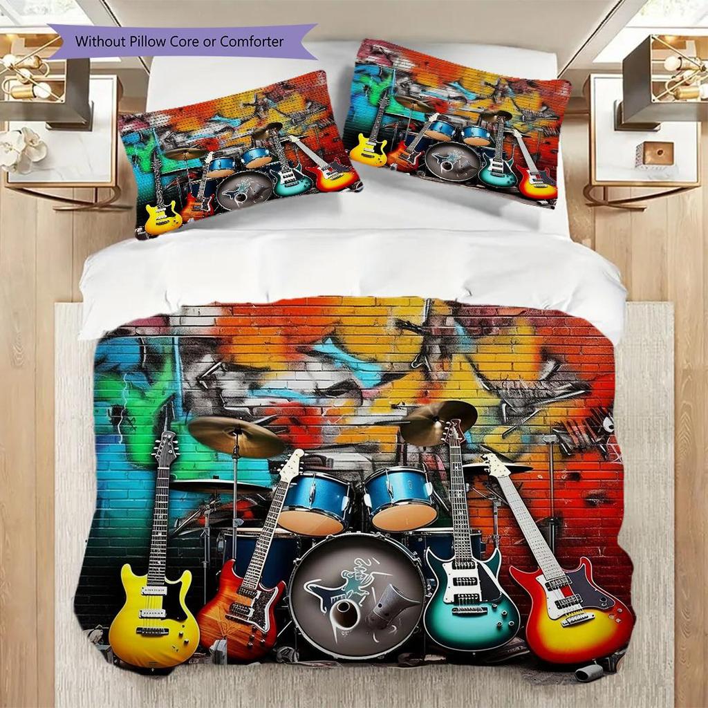 1PC Music, guitar Theme Bedding Quilt Set Quilt Cover Pillowcase Home Decoration Birthday Gift (1 * duvet cover + 2 * pillowcase, without core)
