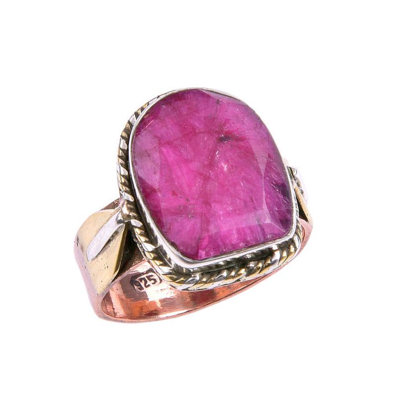 Red Ruby(Simulated) Handmade 925 Sterling Silver Jewelry Two Tone Ring S.8 G2g15