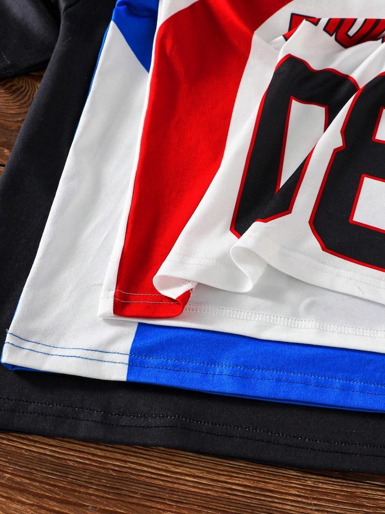 Three-piece set of boys' American retro classic number print jerseys, multi-color trendy loose short-sleeved T-shirts, spring/summer style.