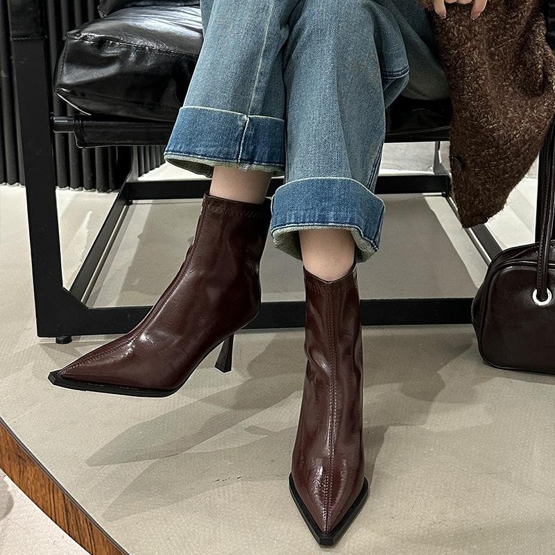 

Остроносые короткие ботинки женские 2025 осень и зима новые женские ботинки ботинки Мартин на высоком каблуке короткие ботинки рыцарские ботинки тонкие ботинки 39 бордовый