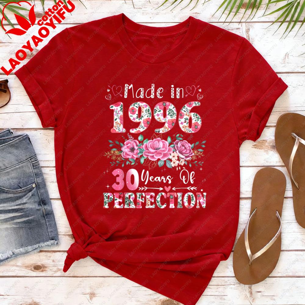 Made in 1996 T Shirt Women 30 Years of Perfection Floral Graphic Tee 30th Birthday Gift Cotton Short Sleeve O Neck Tops