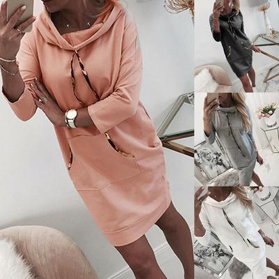 Woman Dress Long Sleeve Solid Color Jumper Pullover Sweatshirt Hoodie Solid Hooded Dresses Simplicity All-Match Dress