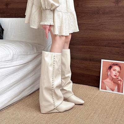 Fried Street Pant Pants Boots Popular Popular Leather Boots Fashion Autumn Design Pearl Pointed Wedge Heel But Knee Boots