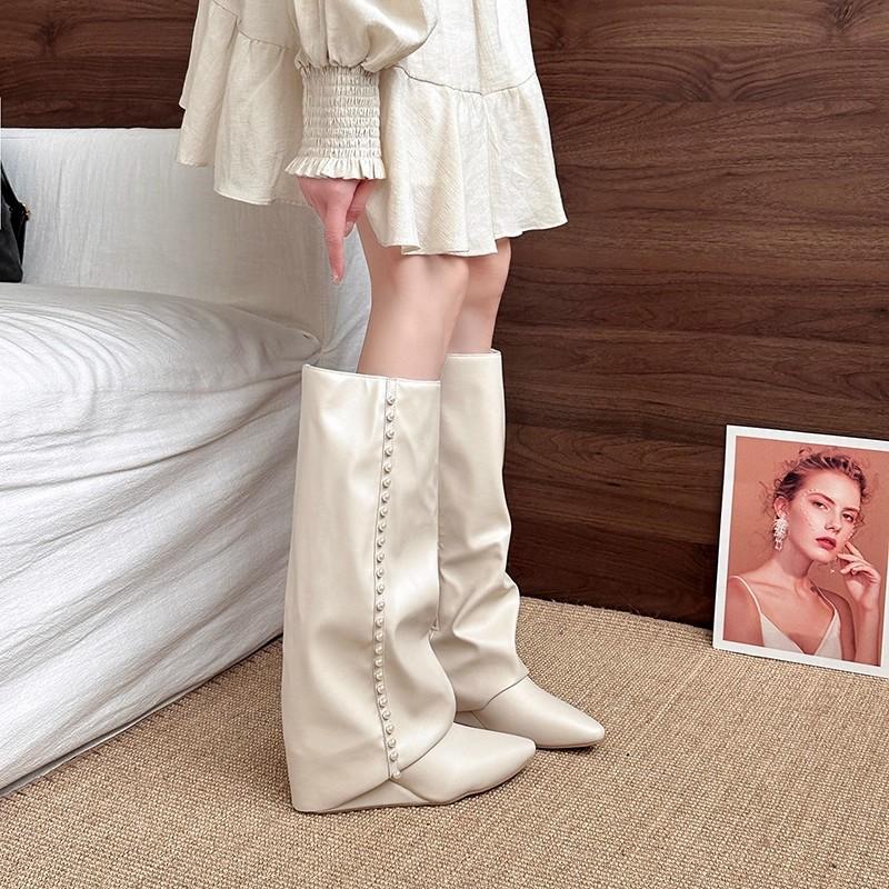 Pants Boots Fashion Leather Boots Fashion Autumn Design Pearl Pointed Heel But Knee Boots