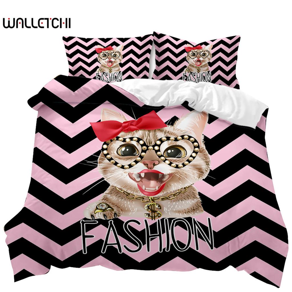 Cartoon Bed Cover Kawaii Room Cozy Reversible Comforter Cover Adorable Cartoon Animal Kitten Lovely Love-themed Long-lasting Polyester Qulit Cover