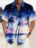 Men's Watercolor Moonlit Coconut Tree Print Short Sleeve Shirt, Spring Summer Dreamy Vacation Casual Top, Pocket Lapel Style
