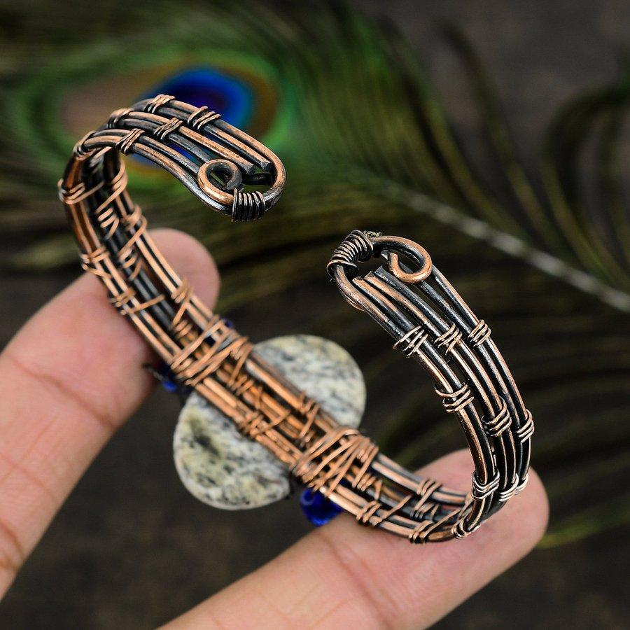 Natural K2 Azurite Gemstone Handmade Copper Wire Wrap Cuff Bangle Adj. M5r25